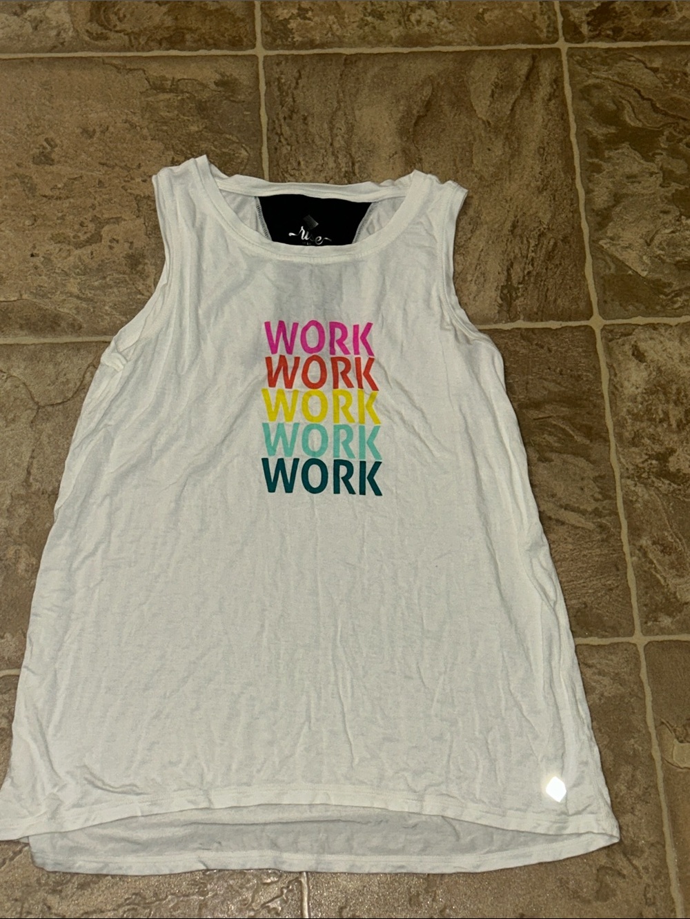 White Sleeveless Tank with Rainbow 'WORK' Text